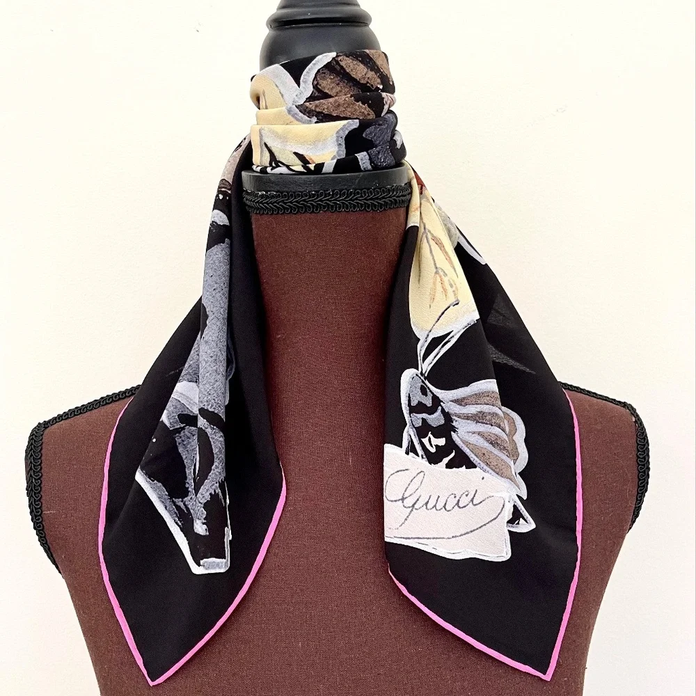 Gucci Unisex Scarf Kris Knight Butterfly Flora Black Silk Wrap